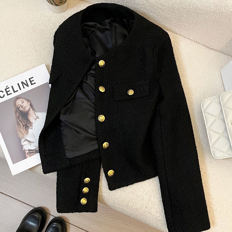 2026 New Autumn and Winter High-End Round-Neck Short Jacket in Chanel Style, Unisex French Tweed Black and Gold Coat 2026 New Autumn and Winter High-End Round-Neck Short Jacket in Chanel Style, Unisex French Tweed Black and Gold Coat