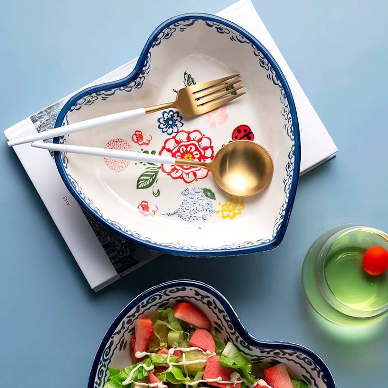 Nordic creative heart - shaped bowl hand - made tableware ceramic bowl contracted to use under the glaze color move household jobs large salad bowl