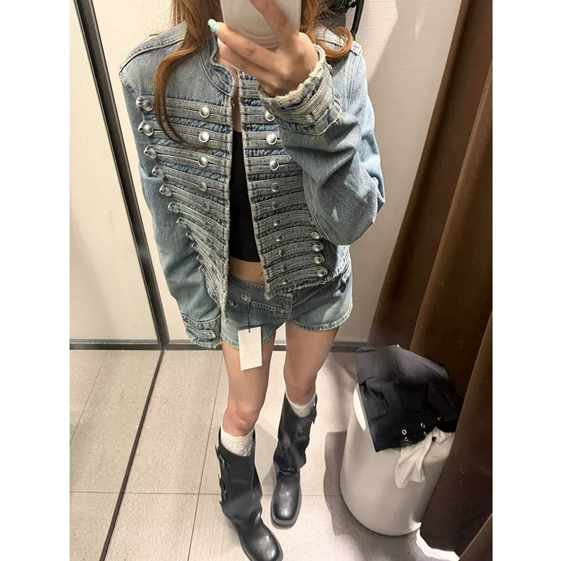Vintage Napoleon Double-Breasted Denim Jacket for Women, Autumn Versatile Heavy Craftsmanship Court Style Regular Shoulder Short Jacket Top Vintage Napoleon Double-Breasted Denim Jacket for Women, Autumn Versatile Heavy Craftsmanship Court Style Regular Shoulder Short Jacket Top