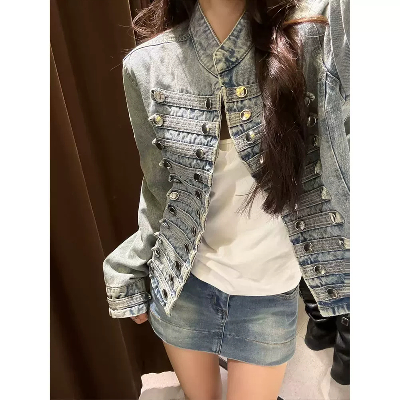 American Retro Napoleon Denim Jacket for Women, Stylish and Versatile, Slim Fit, Palace Style Short Jacket