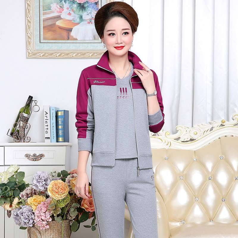 Middle-aged mother autumn casual jacket 2021 new middle-aged and elderly fashion three-piece spring and autumn sportswear suit women