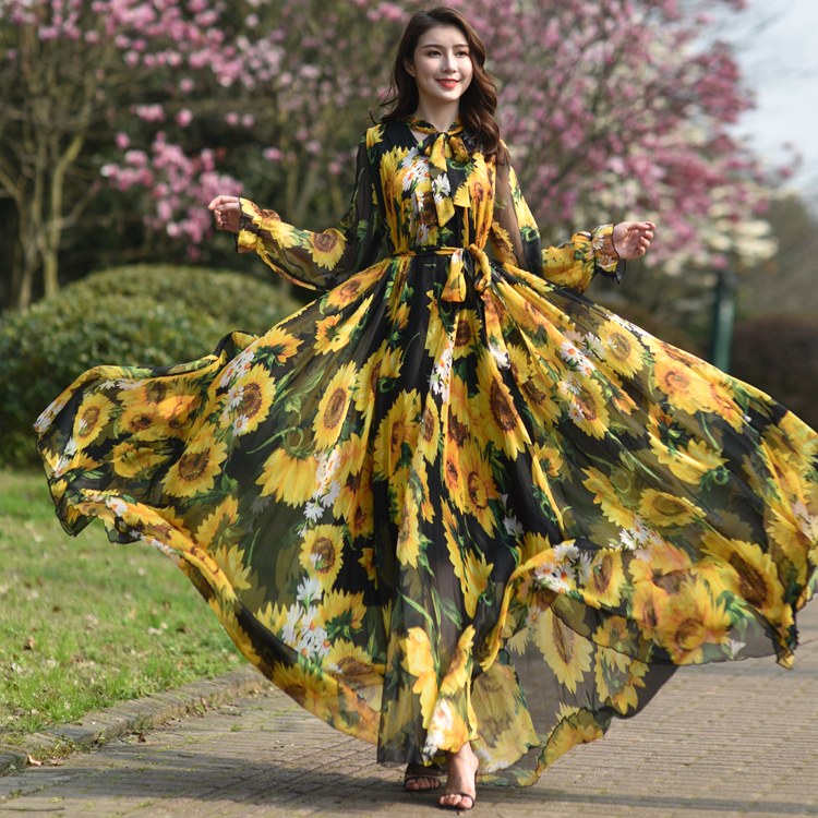 Qinghai Lake Travel Photography Ankle-Length Dress Printed Chiffon Dress Plus Size Long-Sleeved Large Hem Seaside Vacation Beach Long Dress Qinghai Lake Travel Photography Ankle-Length Dress Printed Chiffon Dress Plus Size Long-Sleeved Large Hem Seaside Vacation Beach Long Dress