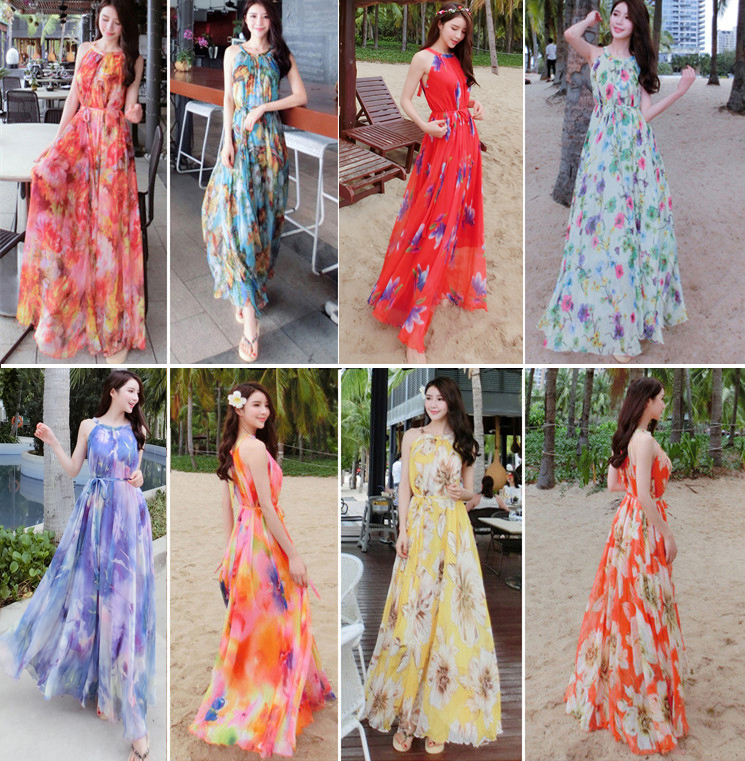 New Style Spaghetti Strap Floral Chiffon Dress Plus Size Long Bohemian Vacation Beach Dress Halter Neck Long Dress