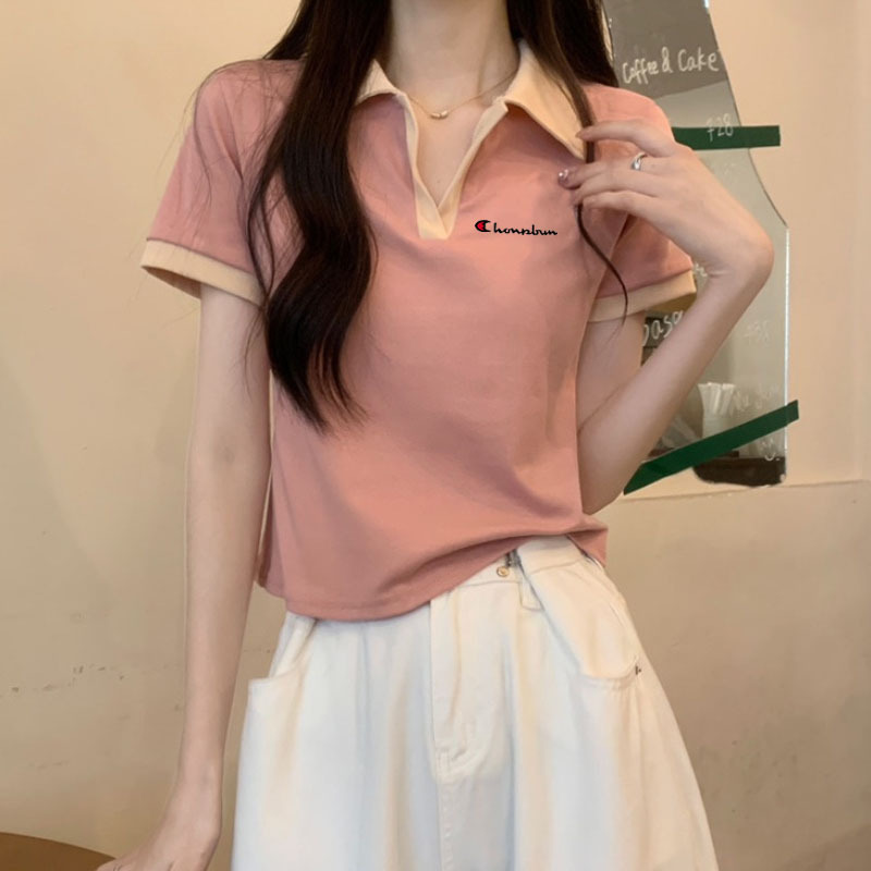 Selling Cute Champion Korean Chic Polo Collar Short-Sleeved T-Shirt for Women Summer New Style Small Slim Niche Short Top