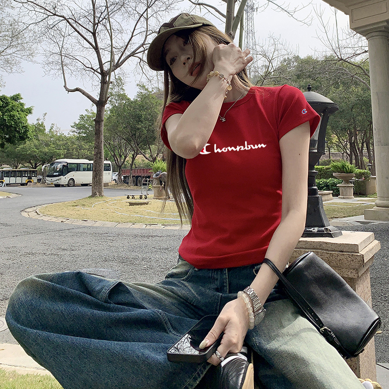 Selling Cute Champion Red T-Shirt Women's Short-Sleeved Summer Right Shoulder Slim Design Short Sexy Casual Half-Sleeved Top Selling Cute Champion Red T-Shirt Women's Short-Sleeved Summer Right Shoulder Slim Design Short Sexy Casual Half-Sleeved Top