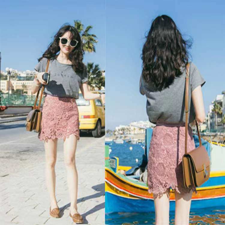 2022 New water - soluble lace skirt female summer high waist and slim student a-word skirt one step bag skirt