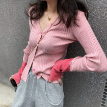 MAJE Claier2021 autumn fitted new V neckline colour knit cardiovert long sleeves with knitted sweatshirt blouse