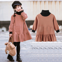 Childrens wear girls dress autumn and winter 2019 new large childrens high neck top plus velvet padded sweater skirt tide dress