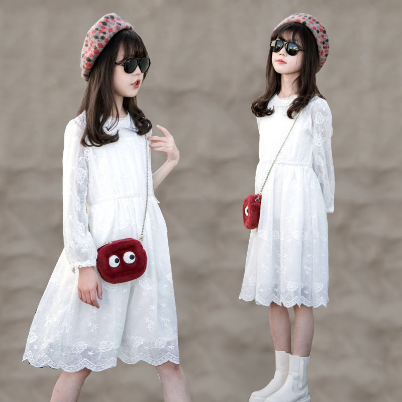 Girl Spring Dress Ocean Dress Foreign Pie 2022 New Children Dress Lace Mesh Dress Surreal CUHK Boy Long Sleeve Princess Dress