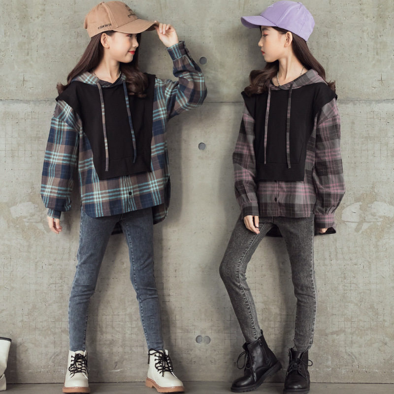 Girls' cap jacket long sleeve spring and autumn new 2021 Children's clothing two pieces of clothing in the big girl's spring clothing