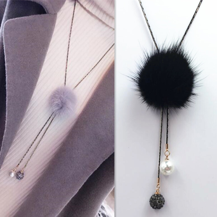 Sweater chain long version of fashion wild hair ball necklace Female Japan and South Korea mink hair pendant accessories Clothes pendant Autumn and winter