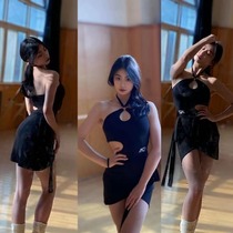MVP dance suit (ring-ring buttoned) series black hanging neck ring dew shoulder dew with dress professional practice
