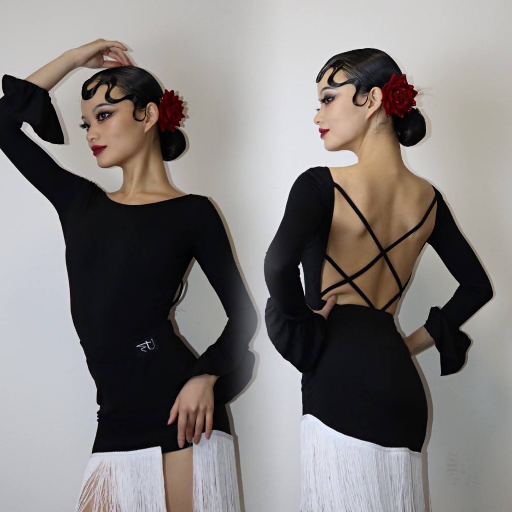 RU Dance Suit 051 Large Open Back Blouse With Chest Cushion Safety Pants 053 Open Fork Black White Flow Susemi Skirt Dance Suit
