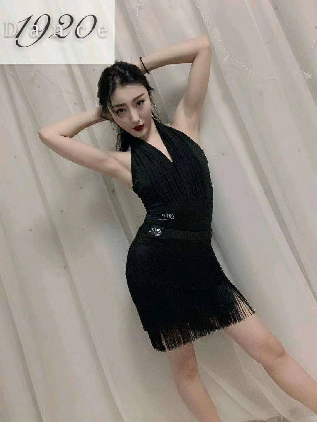 1920 044 hanging neck halter gym suit top 045 fringed skirt Latin dance practice suit sexy all-match