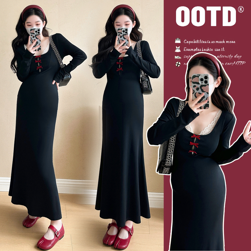 マタニティ服春服2025新作春秋花柄セーターワンピース妊婦ママハイエンドウェアスリムスカート