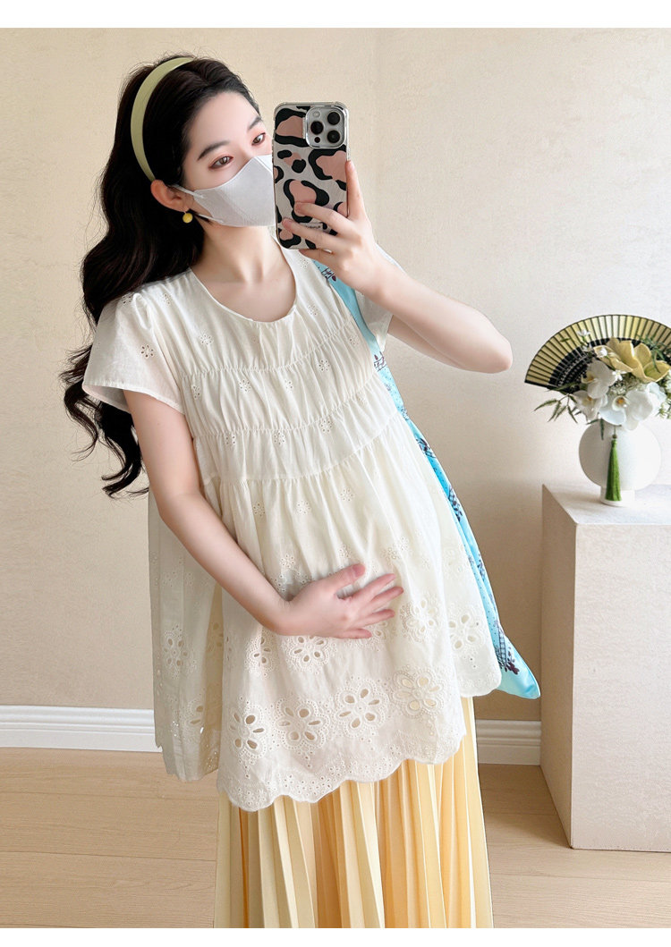 Maternity Summer Outfit 2026 New Style for Pregnant Moms, High-End Lace Top and Pleated Skirt Two-Piece Set for Summer — 15