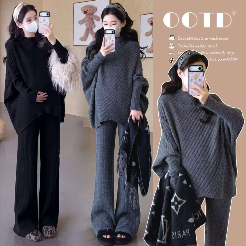 Maternity Autumn Dress New Style Pregnancy Outfit Half-High Collar Batwing Sleeve Loose Sweater Wide-Leg Pants Autumn and Winter Set Maternity Autumn Dress New Style Pregnancy Outfit Half-High Collar Batwing Sleeve Loose Sweater Wide-Leg Pants Autumn and Winter Set