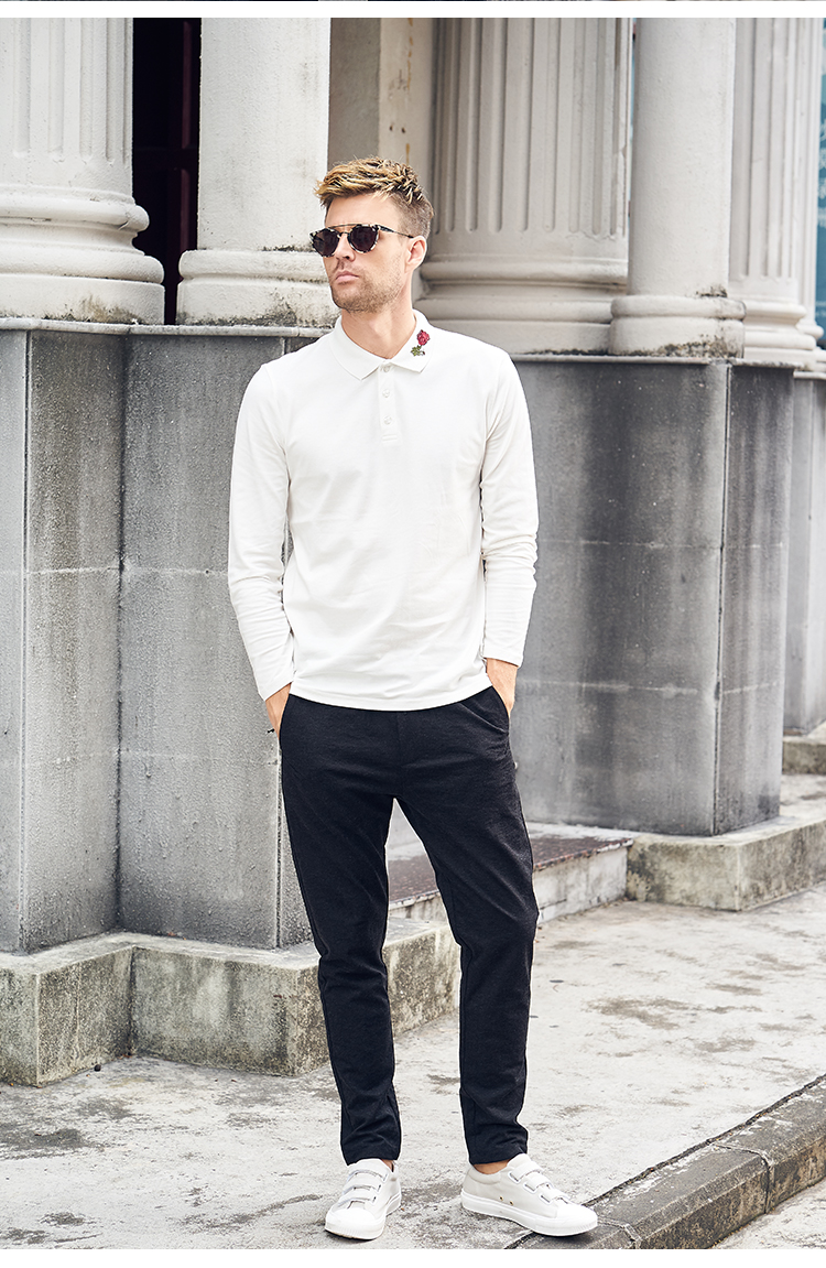 British Jubilee Men 2018 Phong cách mới Nam kinh doanh dài tay POLO Hoa hồng thêu áo thun ve áo áo kẻ nam
