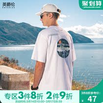 British Royale Sea Sunrise Print Tide Brand Short-Sleeved T-Shirt Mens Summer 2022 New Cotton Crewneck T-shirt