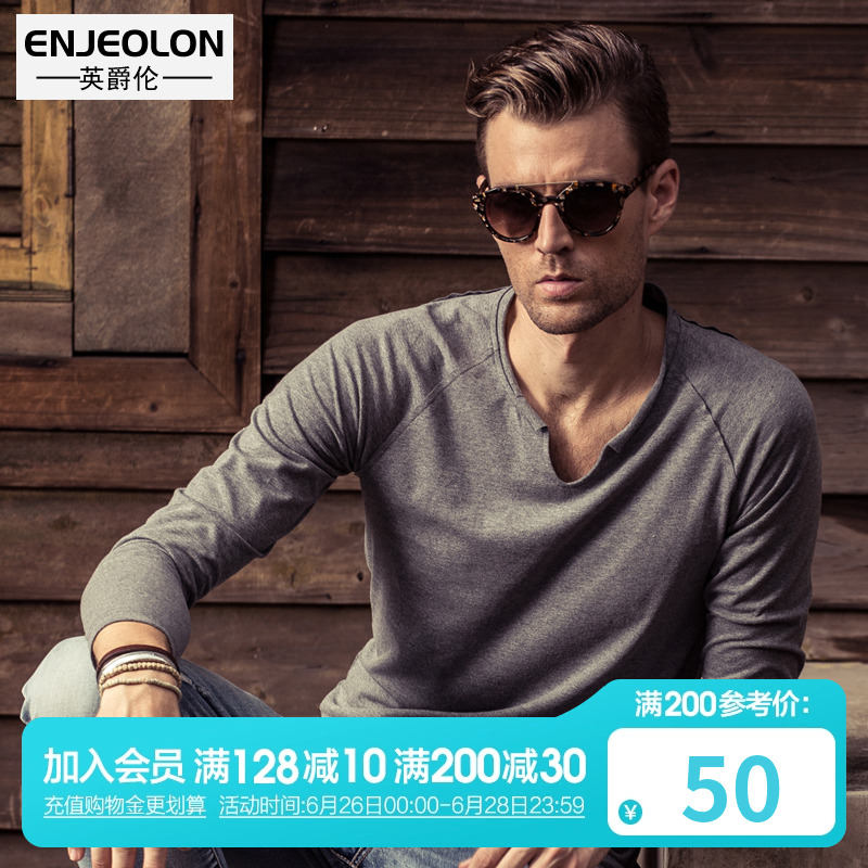 Yingjunlun spring men's top long-sleeved round neck cotton T-shirt European and American simple solid color bottoming shirt T-shirt trendy brand