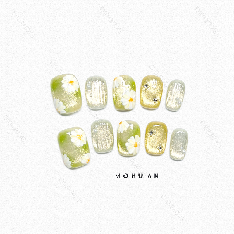 Wearable Nail Art Daisy Pure Handmade Nail Stickers Green Cat Eye Summer Short Style Sparkling Hand-Painted Flowers High-End Feel