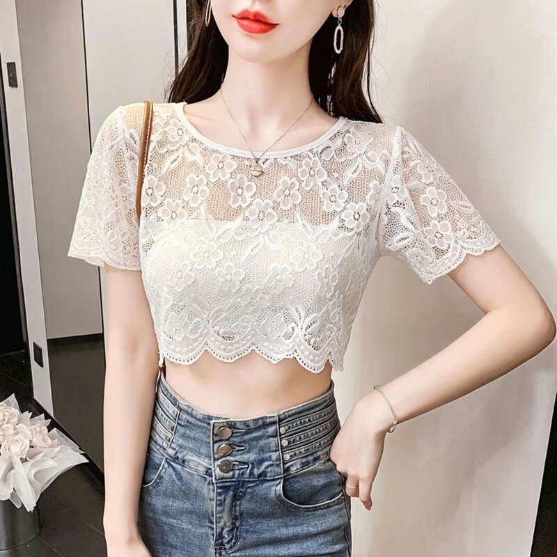Short Lace Short-Sleeved Bottoming Blouse That Covers Half of the Arm, 26 Spring and Summer Fashionable and Versatile Ultra-Thin See-Through Mesh T-Shirt Short Lace Short-Sleeved Bottoming Blouse That Covers Half of the Arm, 26 Spring and Summer Fashionable and Versatile Ultra-Thin See-Through Mesh T-Shirt