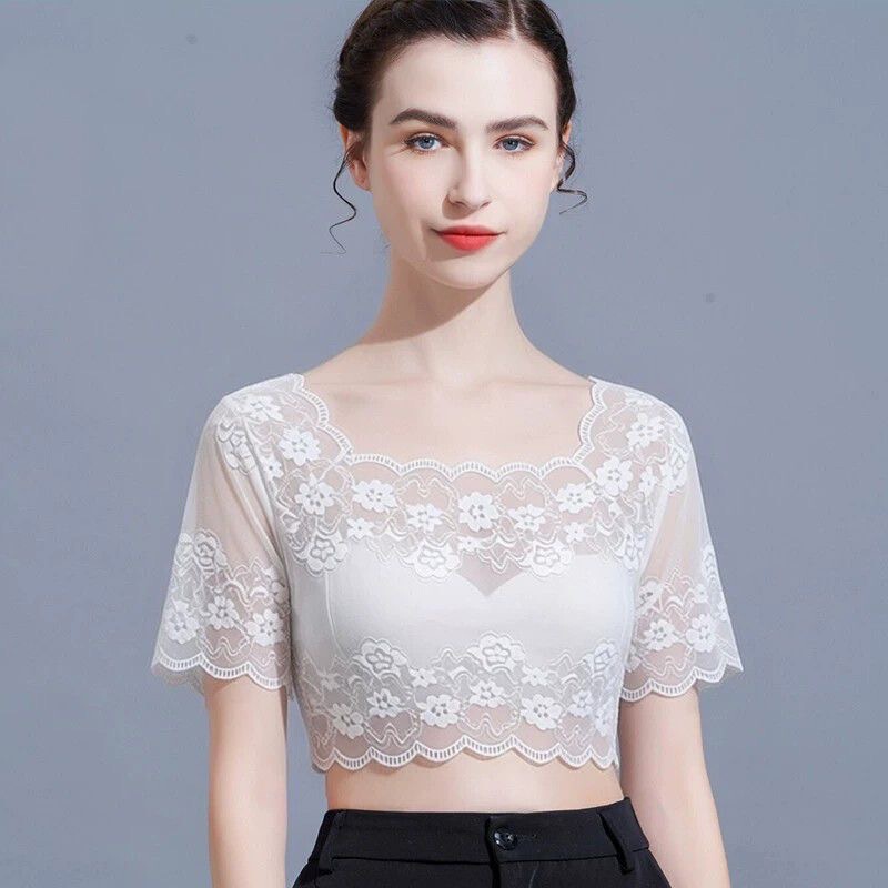 Elegant Outfit with Butterfly Lace, One-Shoulder Raglan Sleeves, High-End Feel, Anti-Exposure Tube Top, Arm-Covering Short-Sleeve Top