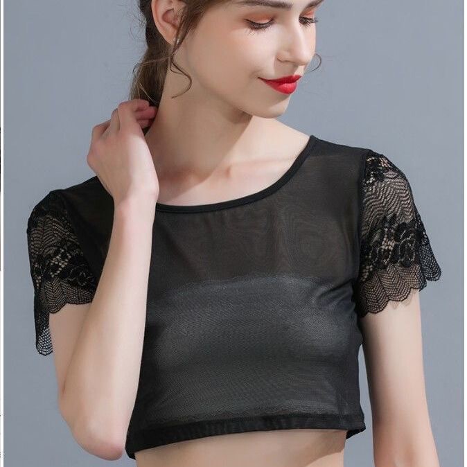 Black Half-Length Versatile T-Shirt Cover-Up to Wear with a Slip Dress, Summer Women's Half-Length Mesh Base Shirt with Lace Short Sleeves
