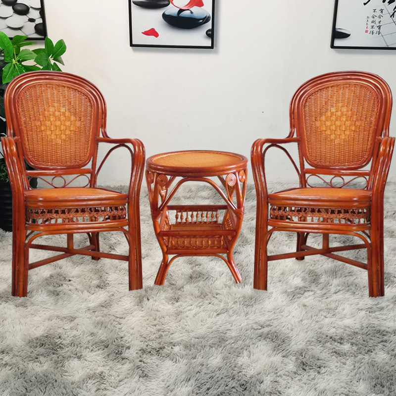 Household leisure chair Teng chair small coffee table 3-piece set single Teng woven high back Teng chair natural real rattan woven rattan chair