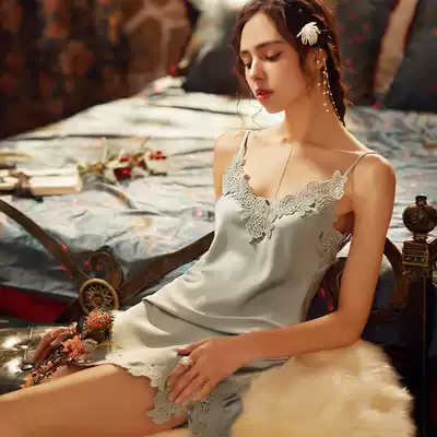 Korea Tide brand 2021 new pajamas women Summer Ice Silk Silk suspender lace beauty back skirt hot nightdress