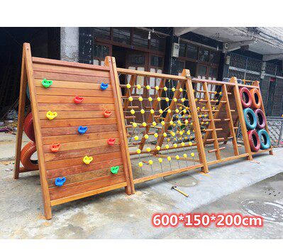 Kindergarten outdoor wood yellow flower pear children physical training combined slide ladder large climbing frame mesh bridge drill hole