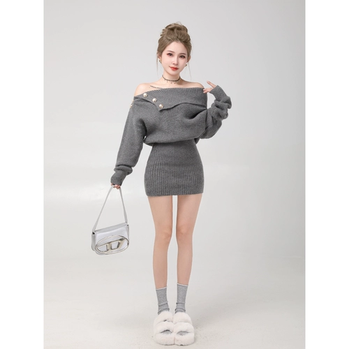 Сексуальное трикотажное трикотажное платье, шерстяное платье, корсет, юбка, в стиле Шанель, открытые плечи, с акцентом на бедрах, изысканный стиль