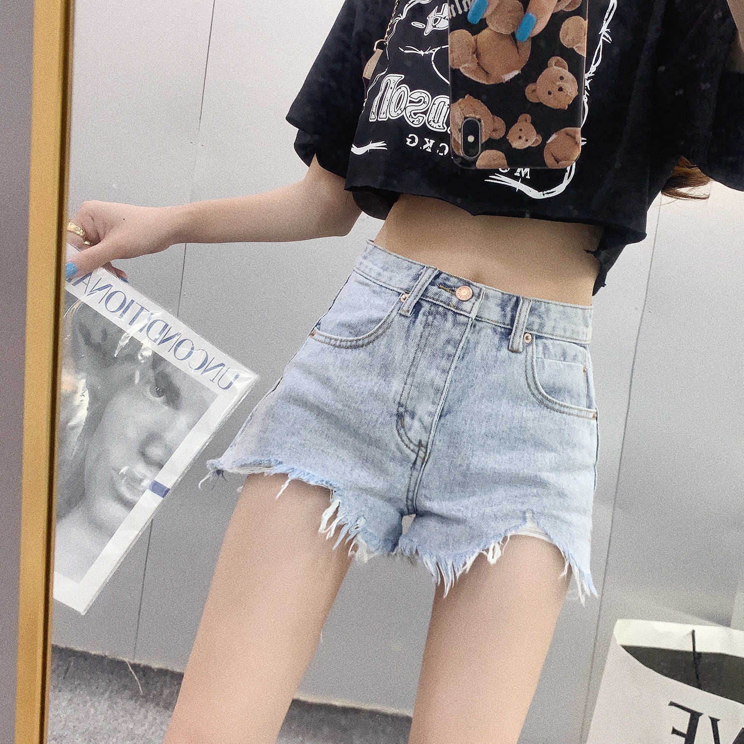 2020 mùa hè eo cao mới màu xanh trắng quần nóng denim quần short phụ nữ chảy Su denim rộng chân siêu quần short triều