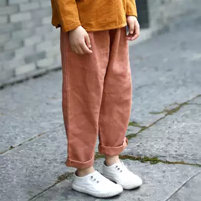 Spring and Autumn New Boys and Girls Linen Pants Loose Children's Leisure Art Fan Pure Color Cotton Pants Lobe Pants