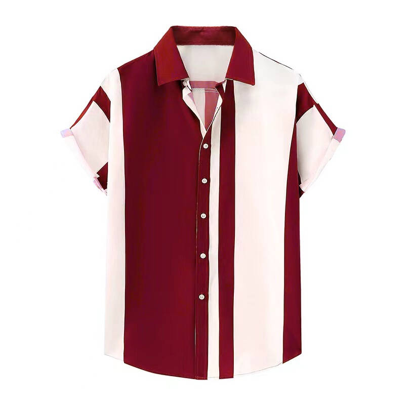 Cross-Border Men's Clothing European and American Amazon Men's Striped Short-Sleeved Shirt Printed Lapel Button Hawaiian Casual Shirt