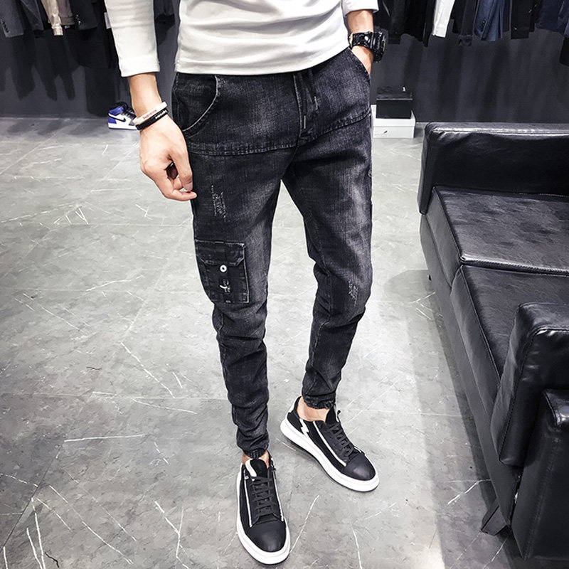 2019 new multi-pocket jeans men slim Korean version of the teen drawstring nine-point pants trend casual work clothes pants