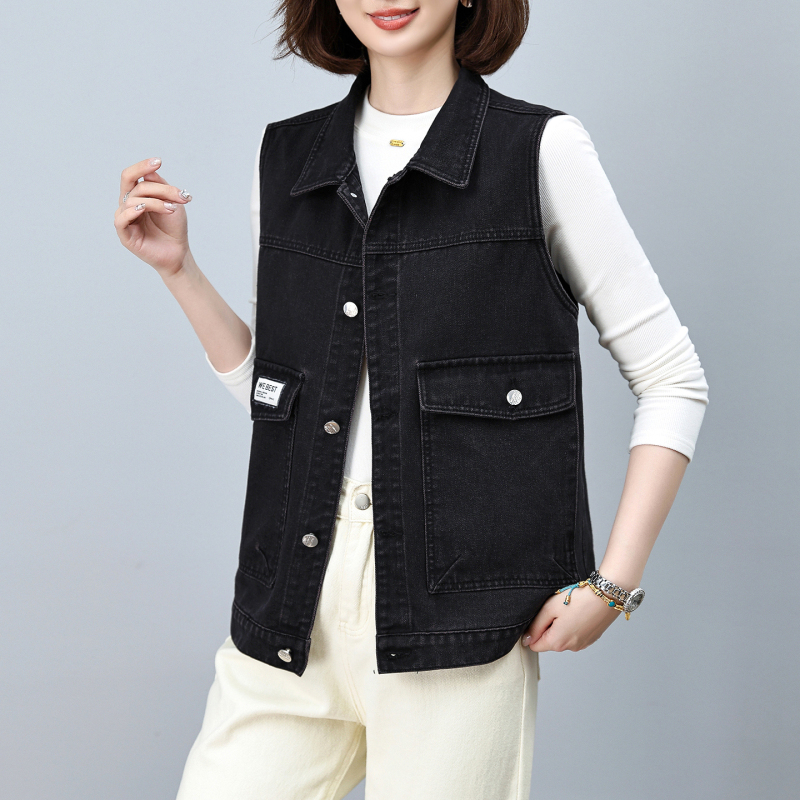 Black Workwear Large Pocket Denim Vest for Women, Spring and Autumn, Loose Casual Versatile Plus Size Sleeveless Jacket