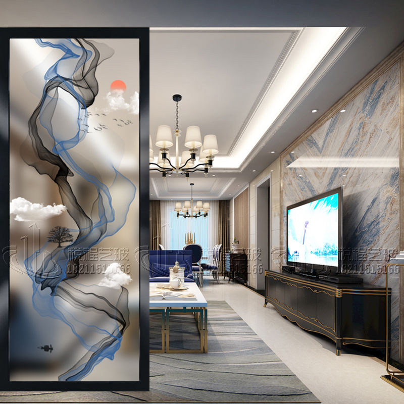Custom Art Glass Screen Partition Modern Living-room Steel Genguan Frosted Light Transmission Double-sided Light Extravagant Abstract Water Ink