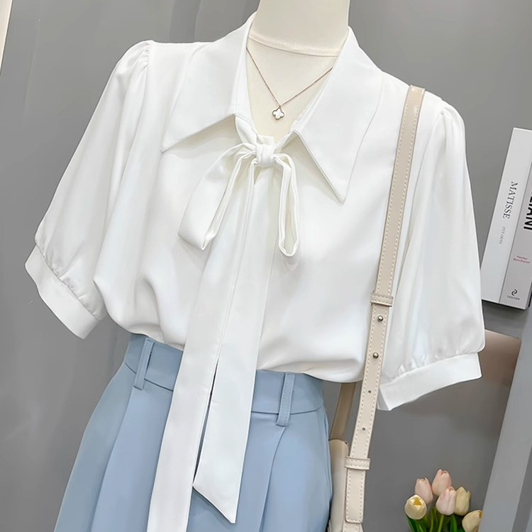 Anti-Wrinkle Cool White Shirt for Women, Short-Sleeved, Summer 2026 New Style, High-End Puff Sleeves, Ribbon Professional Attire Shirt