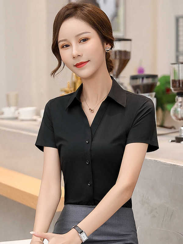 V-Neck Shirt for Women, Short-Sleeved, Summer Style, Elegant Workwear, Formal Fit, Wrinkle-Free, Anti-Wrinkle, Work Uniform, Black, Korean Style, Loose Fit, Slimming