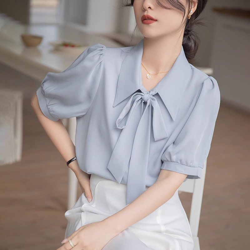 French-Style Ribbon Bow Blouse for Women, New Summer Commuter Short-Sleeve Formal Top, Professional Design, Elegant Shirt