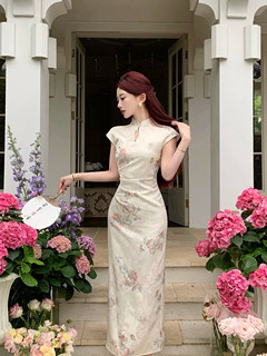 Mimo dk新中式缎面提花改良旗袍年轻显瘦显白开叉连衣裙女夏长裙