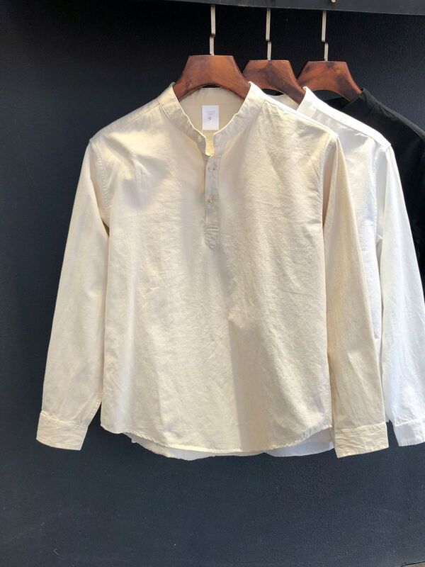 2025 Autumn New Men's Henley Collar Shirt Top Versatile Simple Pure Cotton High-End Breathable Fashion Trendy