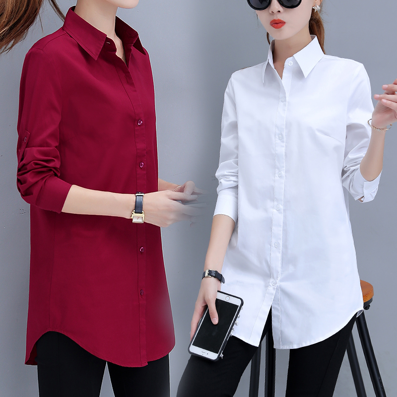 Mid-Length Shirt for Women, Long-Sleeved Spring New Style, Versatile Korean Style, Loose Casual, Fleece-Lined, Solid Color Cotton White Shirt