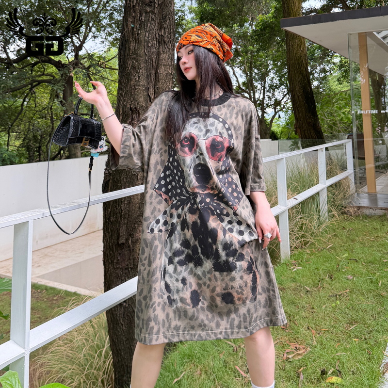 Ggaholiday Retro Leopard Print Loose Shoulder-Length Dress for Women Autum Dalmatian Print Short-Sleeved Cotton Skirt Ggaholiday Retro Leopard Print Loose Shoulder-Length Dress for Women Autum Dalmatian Print Short-Sleeved Cotton Skirt