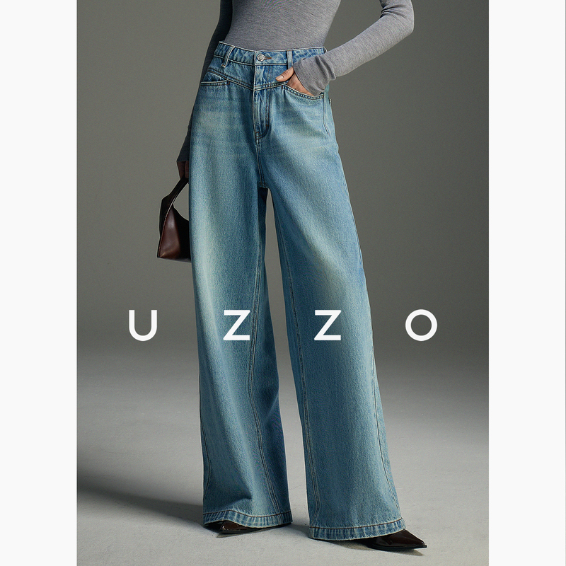 Uzzo_ ins Blogger's Style Wide-Leg Pants, Fashionable High-Waisted, Casual, Deconstructed Straight-Leg Wide-Leg Jeans for Women