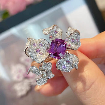 Brilliant purple diamond colorful treasure flower-shaped ring for women with open ins light luxury high-end niche design elegant temperament and versatile