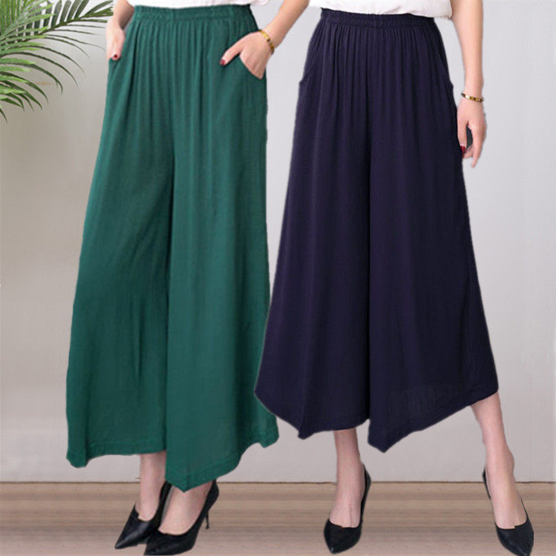 Middle-aged spring and summer artificial cotton broad legs female size loose high waist pants cotton skirts casual beach pants