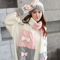 Hat scarf gloves Three-piece set of one-piece female winter student Korean version of cute wool hat Birthday gift gift box