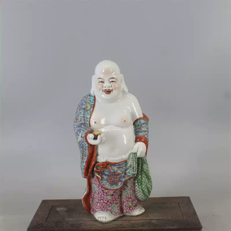 民国福建会馆游长子造重工粉彩送财弥勒佛雕塑古瓷器
